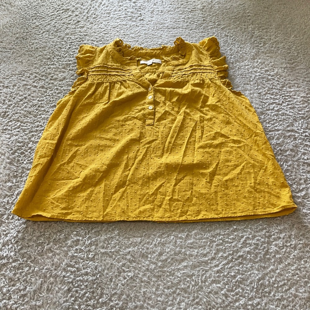 Loft Petites Mustard Yellow Clip Dot Eyelet Ruffle Sleeve Cotton Blouse XSP